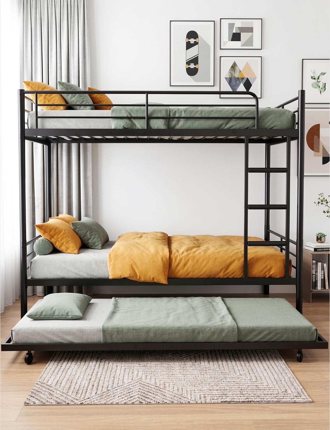 Mixcous Full Over Full Bunk Bed with Trundle, Heavy Duty Metal Bed Frame with Full-Length Guardrails & Ladder, 3-in-1 Convertible Full Bunk Bed, Noise-Free, No Box Spring Needed, Black