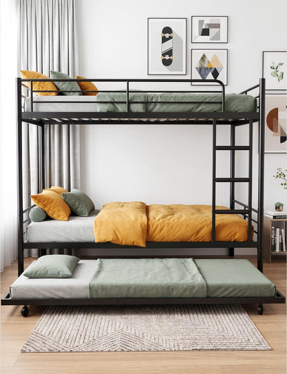 Mixcous Full Over Full Bunk Bed with Trundle, Heavy Duty Metal Bed Frame with Full-Length Guardrails & Ladder, 3-in-1 Convertible Full Bunk Bed, Noise-Free, No Box Spring Needed, Black