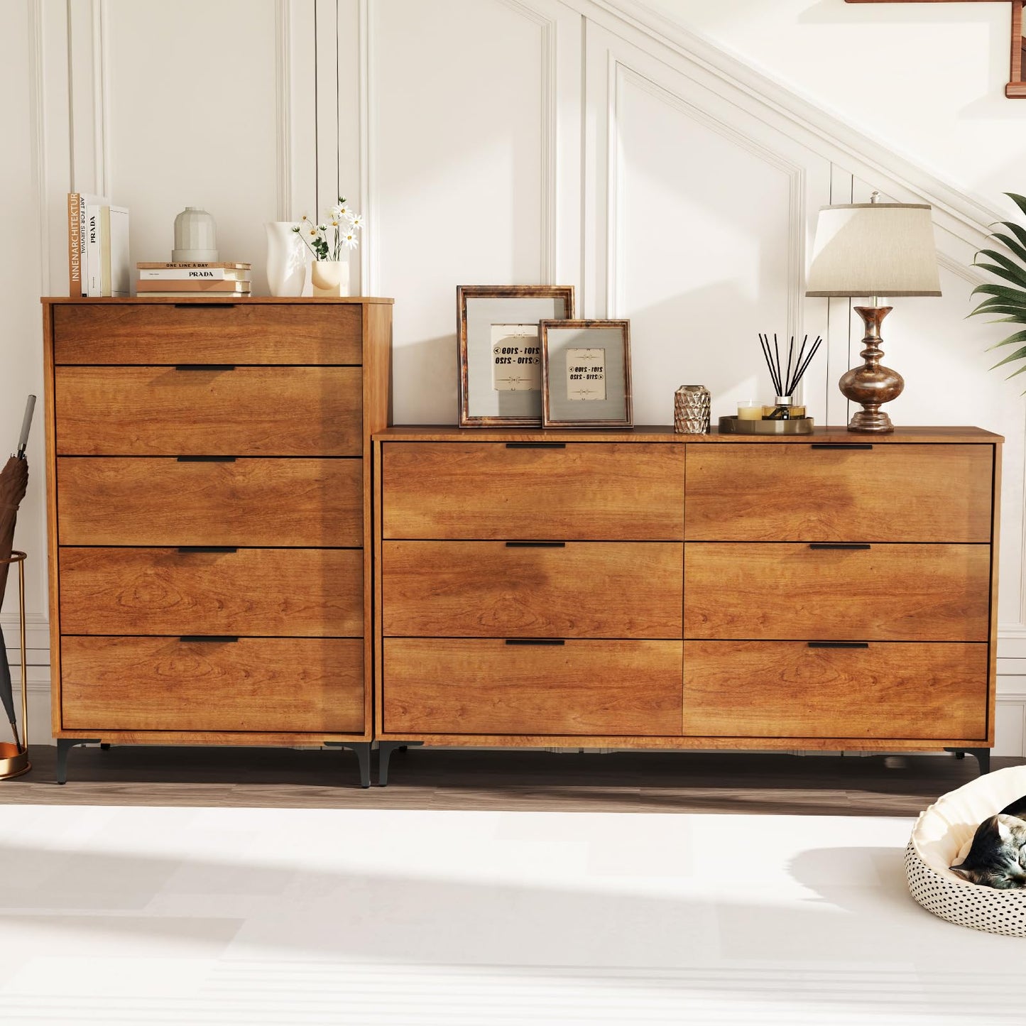 Giantex Wooden 6-Drawer Storage Cabinet w/Anti-Tip Kit & Sturdy Metal Legs, 59” Mid-Century Modern Storage Organizer for Hallway, Kitchen, Living Room, Entryway