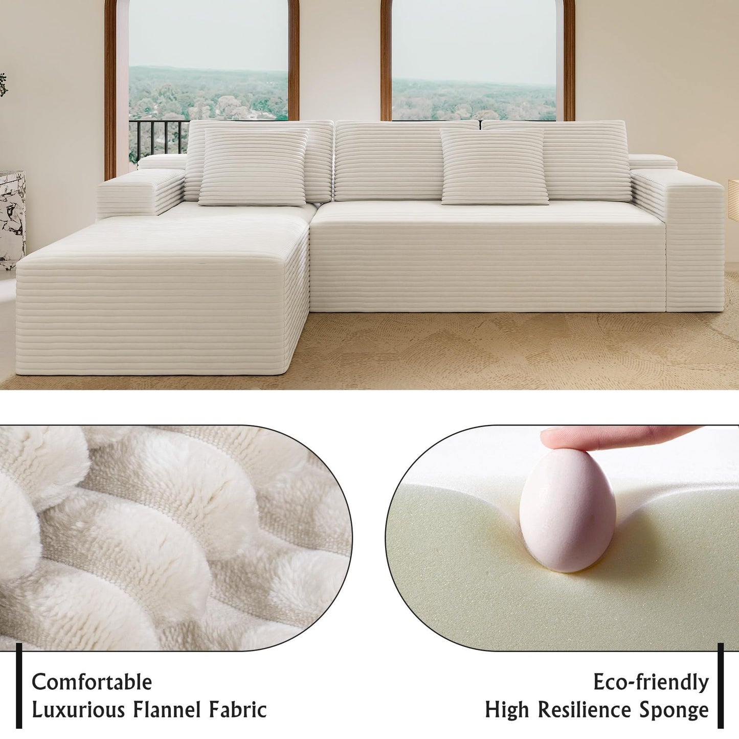 KEIKI 104.3" Modular Sectional Sofa, Compressed Upholstered Sleeper Sofa, Plush Corduroy Cloud Sofa for Living Room, Apartment, Bedroom, Free Combination, No Assembly, Right Chaise, White