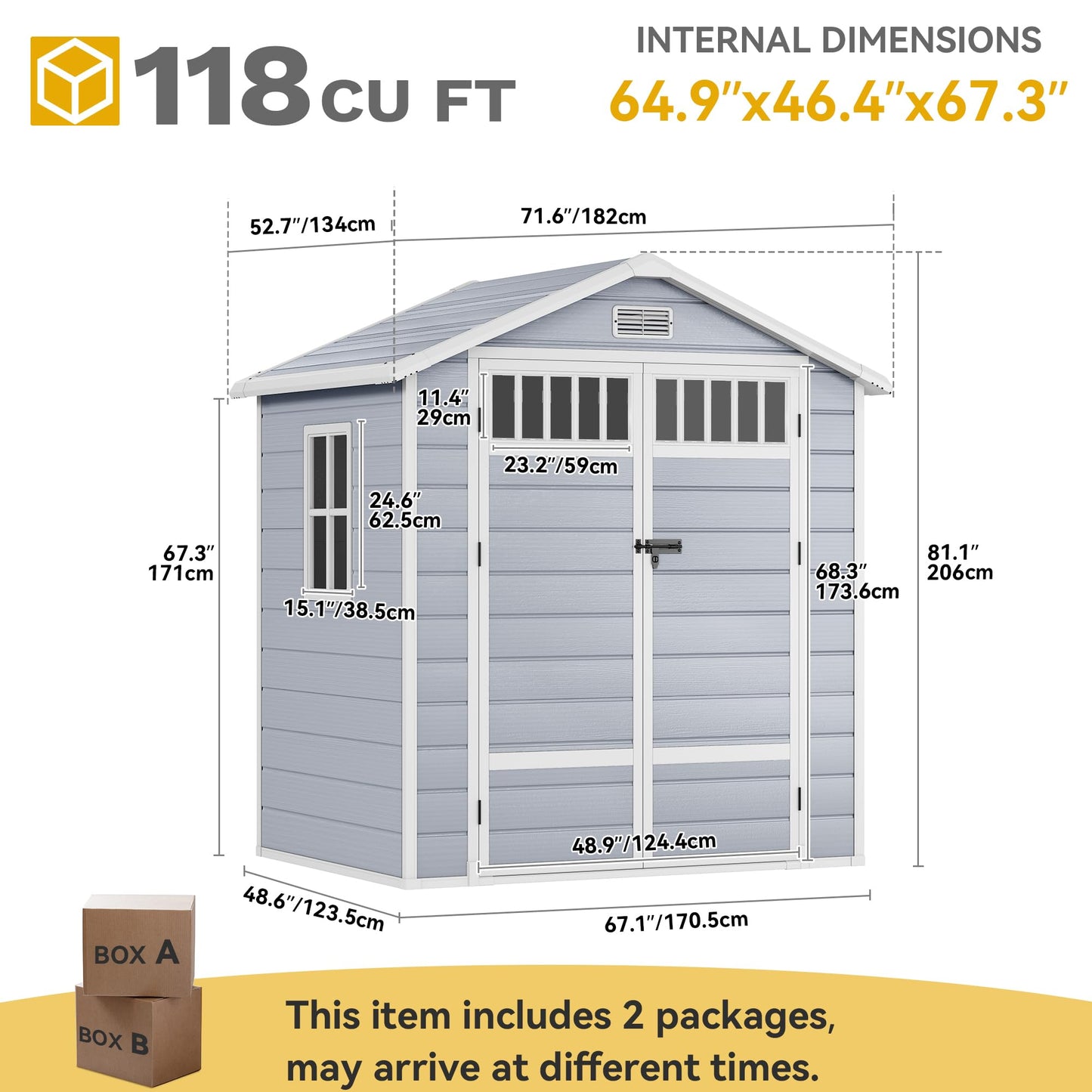 DWVO 6x4.4 FT Resin Storage Shed with Fence-Style and Side Windows, Lockable Door, and Vents for Garden, Backyard, Patio, Lawn, Gray