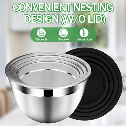 DUTZUN Mixing Bowls with Lids Set, Stainless Steel Mixing Bowls with Colander, Strainer with Mixing Bowl Set, Serving Bowl Kitchen Gift, Size 4.5, 2.5, 2, 1.5QT - Black