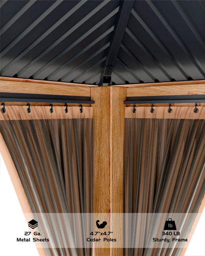 10'x12' Hardtop Wood Gazebo, Cedar Frame Outdoor Pavilion with Double Galvanized Steel Roof, Curtains and Netting Included, Ceiling Hook for Patio Backyard Deck Lawn Garden