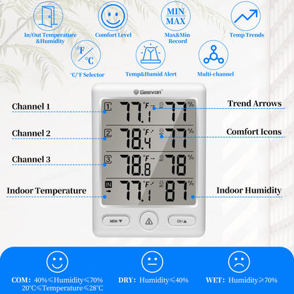 Geevon Indoor Outdoor Thermometer Wireless with 3 Remote Sensors, Digital Hygrometer Thermometer, Wireless Temperature Humidity Monitor Gauge with 200FT/60M Range (Black)