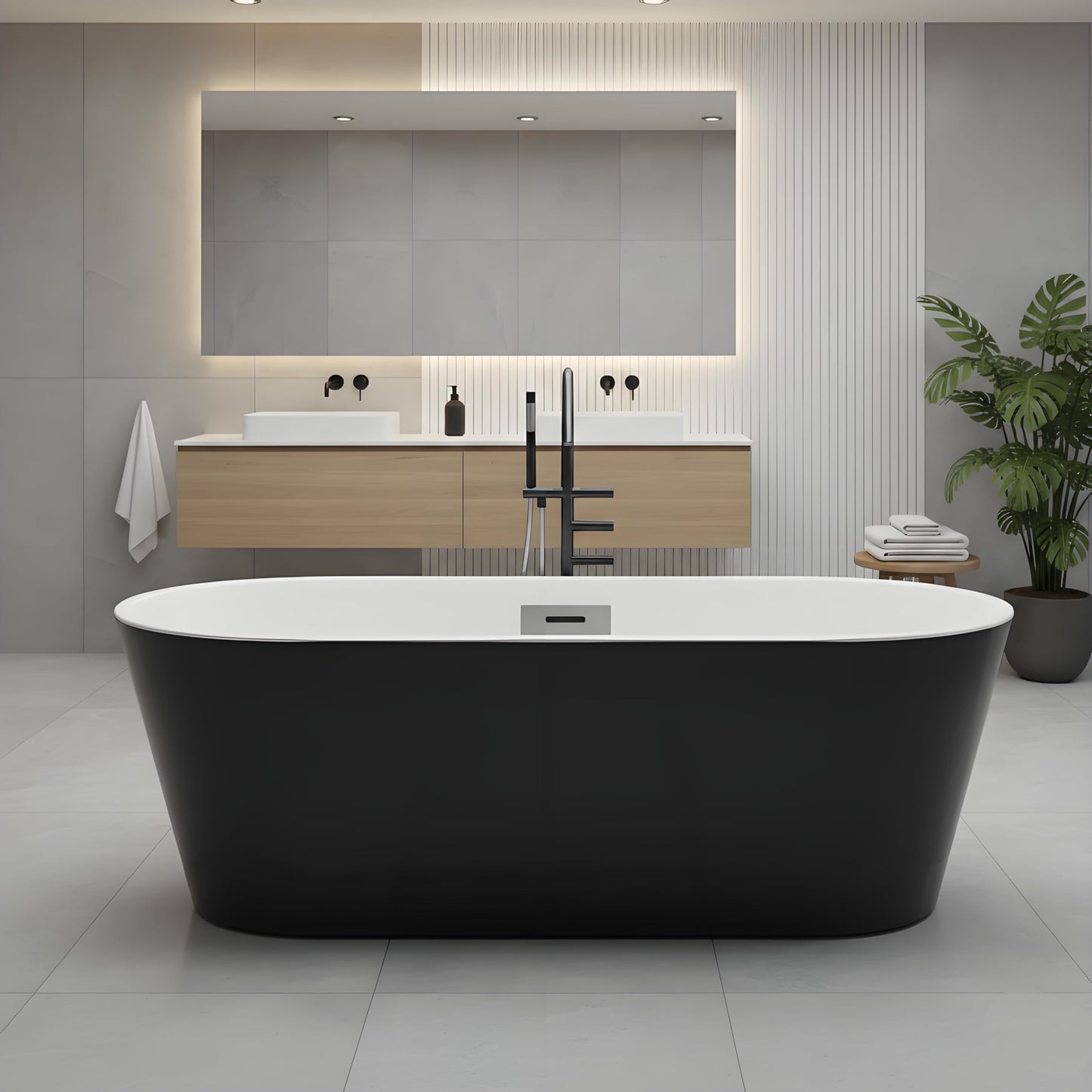 Freestanding Bathtub – Acrylic Extra Large Soaking Bathtub, 67 Inch Modern Free Standing Tub with Chrome Drain & Overflow, Black & White Freestanding Tub for Home Spa