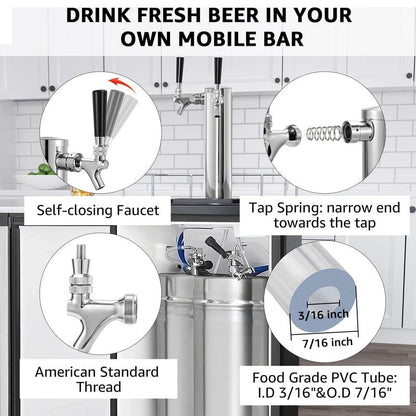 Dual Beer Tap Tower Dispenser with 1/4" Barb Fitting, Draft Kegerator Tap Tower Keg Tower Stainless Brass Core Self-Closing Beer Faucet Brewing Tower Dispenser with Pre-assembled Lines Kit