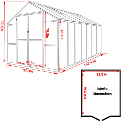 Yardenaler 8x14 FT Green House for Outdoor, Polycarbonate Aluminum Walk-in Greenhouse Kit with Lockable Door and Adjustable Roof Vents, Backyard Garden in Winter, Gray