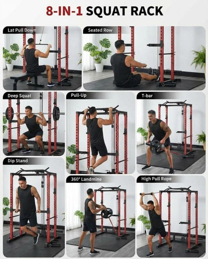 ExploreHorizon All-in-1 Power Cage with Pulley System, 1200LBS Multi-Functional Squat Rack for Home Gym, Weight Cage Includes LAT Pulldown, Dip Bars and More Attachments