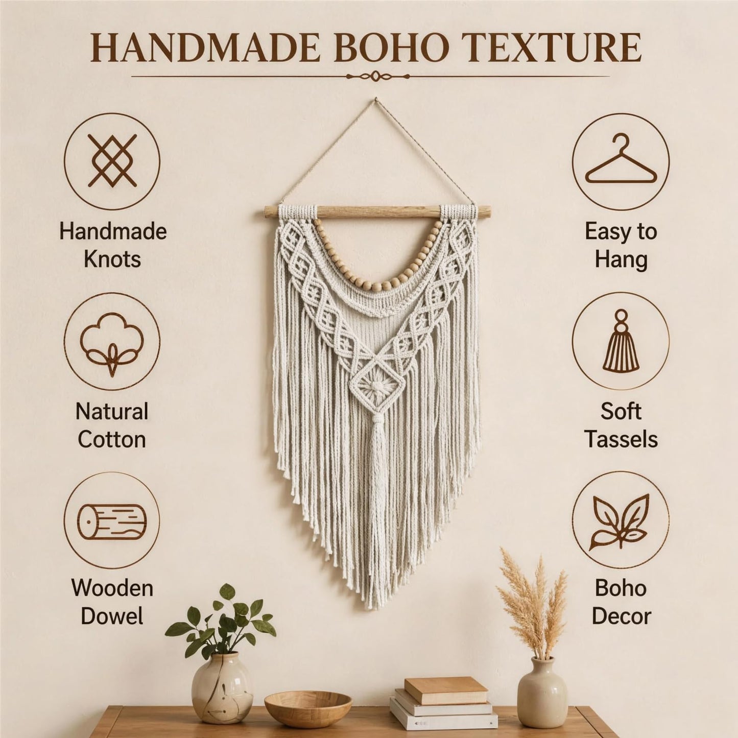 31.5×15 Inch Boho Macrame Wall Hanging, Handwoven Tapestry with Wooden Beads, Boho Home Decor
