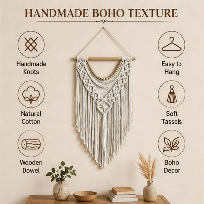 31.5×15 Inch Boho Macrame Wall Hanging, Handwoven Tapestry with Wooden Beads, Boho Home Decor