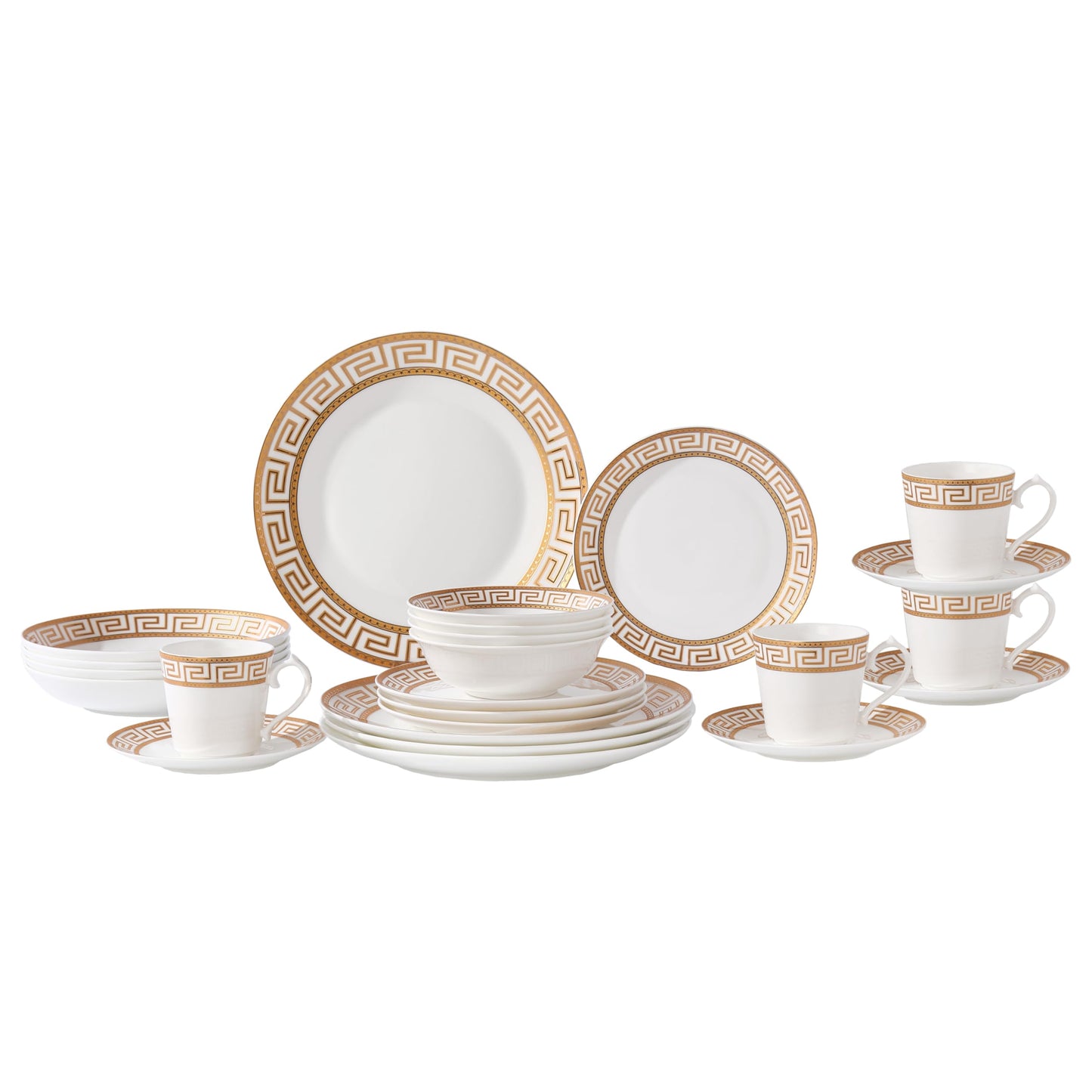 Lorren Home Trends 24 Piece Bone China Dinnerware Set with Gold Greek Key Design, Service for 4, White