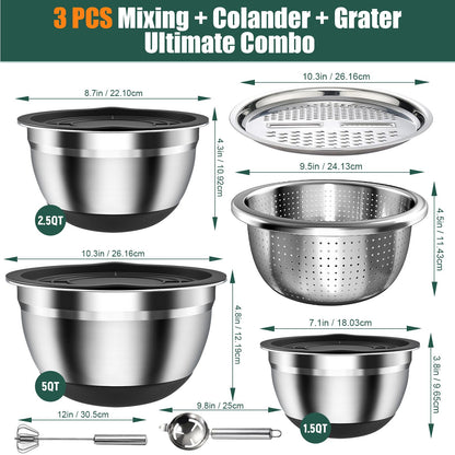 Stainless Steel Mixing Bowls Set with Lids & Silicone Base - 7-Piece Kitchen Gadgets Includes Colander, Grater, Egg Separator, Whisk - Nesting Bowls (1.5, 2, 2.5, 4.5 QT), Dishwasher Safe, Black