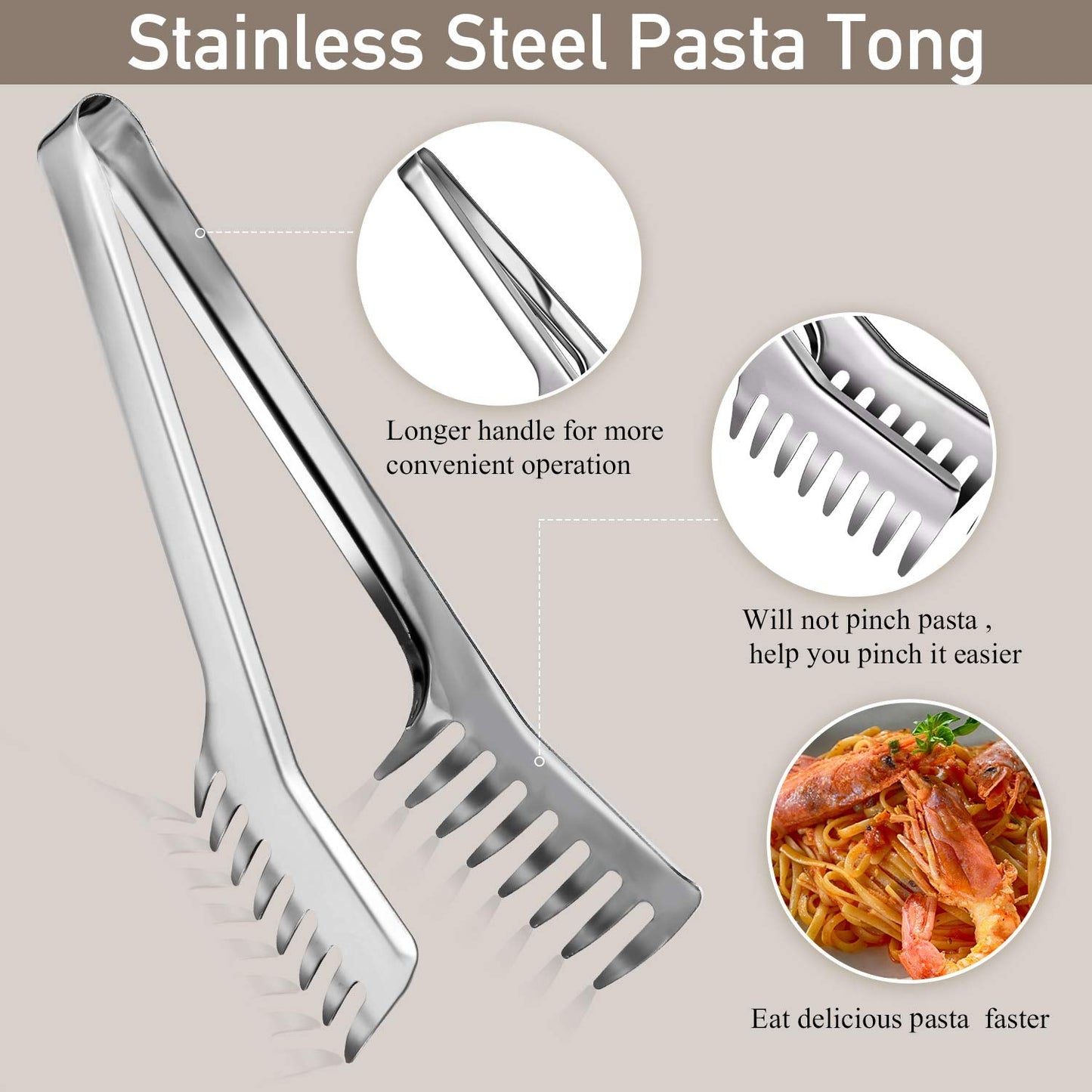 Patelai Stainless Steel Spaghetti Spoon and Pasta Tongs Set, Long Handle Noodle Server Tools with Drain Holes, Non-slip Grip for Cooking, Serving Pasta and Noodles(Sliver)