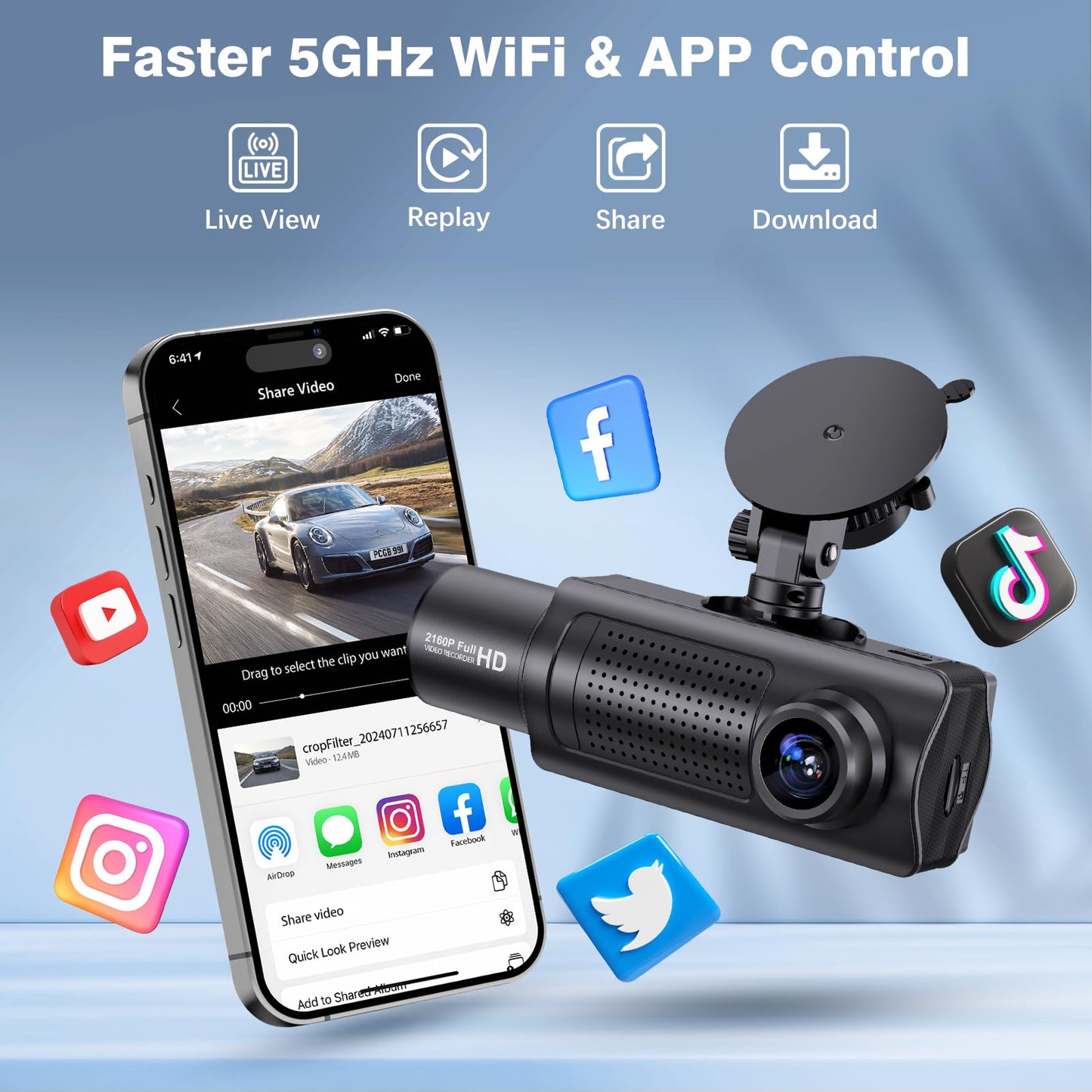 Miden X5 4K WiFi Dash Cam Front and Rear Inside, 2160P+1080P+1080P FHD 3 Channel Dash Camera for Cars, 360° All Sides Dashcam, Free 64G SD Card, G-Sensor, WDR, Night Vision, 24H Parking Monitor
