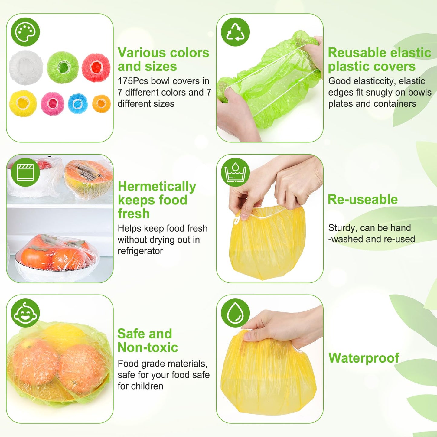 175Pcs 7 Colors Reusable Elastic Food Covers, Sublaga 7 Sizes Plastic Bowl Covers, Colorful Dish Plate Covers, Alternative to foil, Plastic Wrap, BPA Free