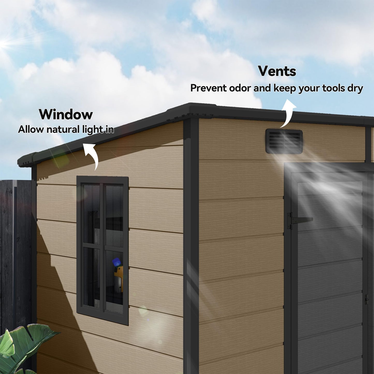 Outsunny 8' x 4' Outdoor Storage Shed, Waterproof Resin Plastic Shed with Floor, Window, Lockable Door and Vents, All-Weather Garden Tool Shed for Backyard, Patio, Lawn, Brown