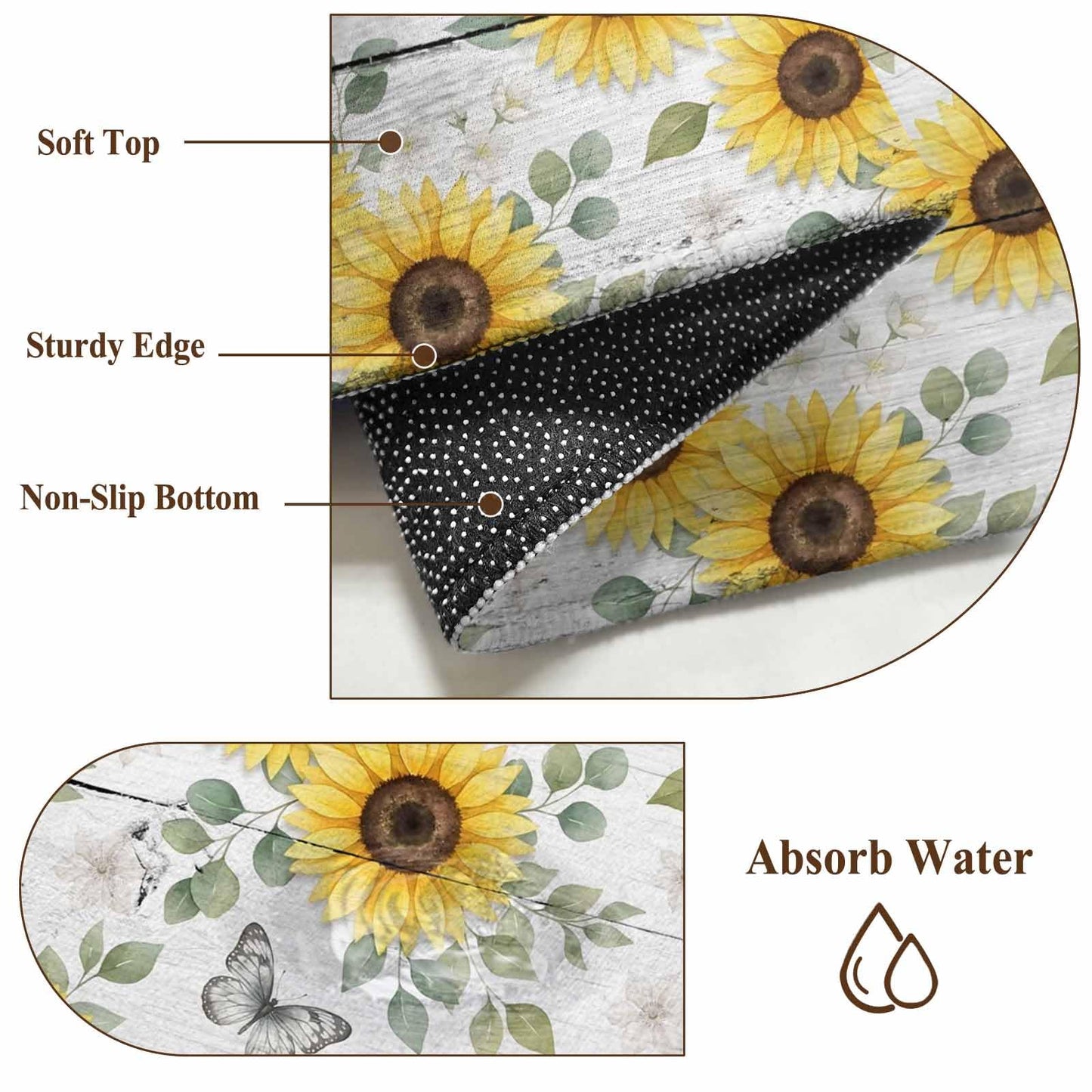 Area Rugs 8x10 for Living Room, Yellow Sunflowers Non Slip Washable Rug Runner, Summer Botanical Butterfly Leaves Wooden Low Pile Indoor Floor Carpet Mat Bathroom Rugs for Bedroom, Kids Room