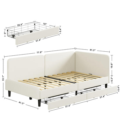 LIKIMIO Twin Daybed with Headboard, Corner Bed Frame with Bed Rails and Storage Drawers, Solid Support, for Bedroom Guest Room, Cream