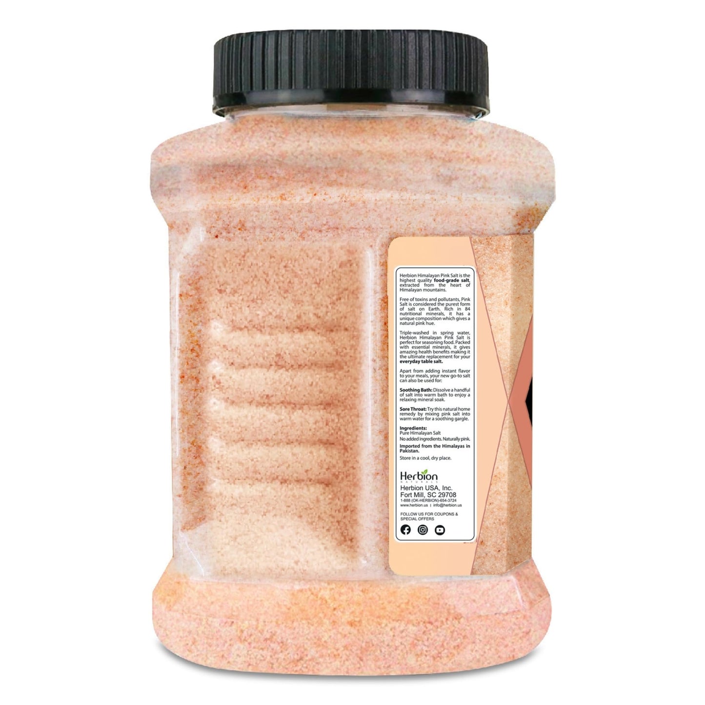 HERBION Naturals Himalayan Pink Salt Jar Fine Grain, GMO Free, Supreme Quality Chemical Free, Vegan, Kosher Certified, Fine Grain All Natural Salt, Triple Washed in Spring Water, 5 lbs