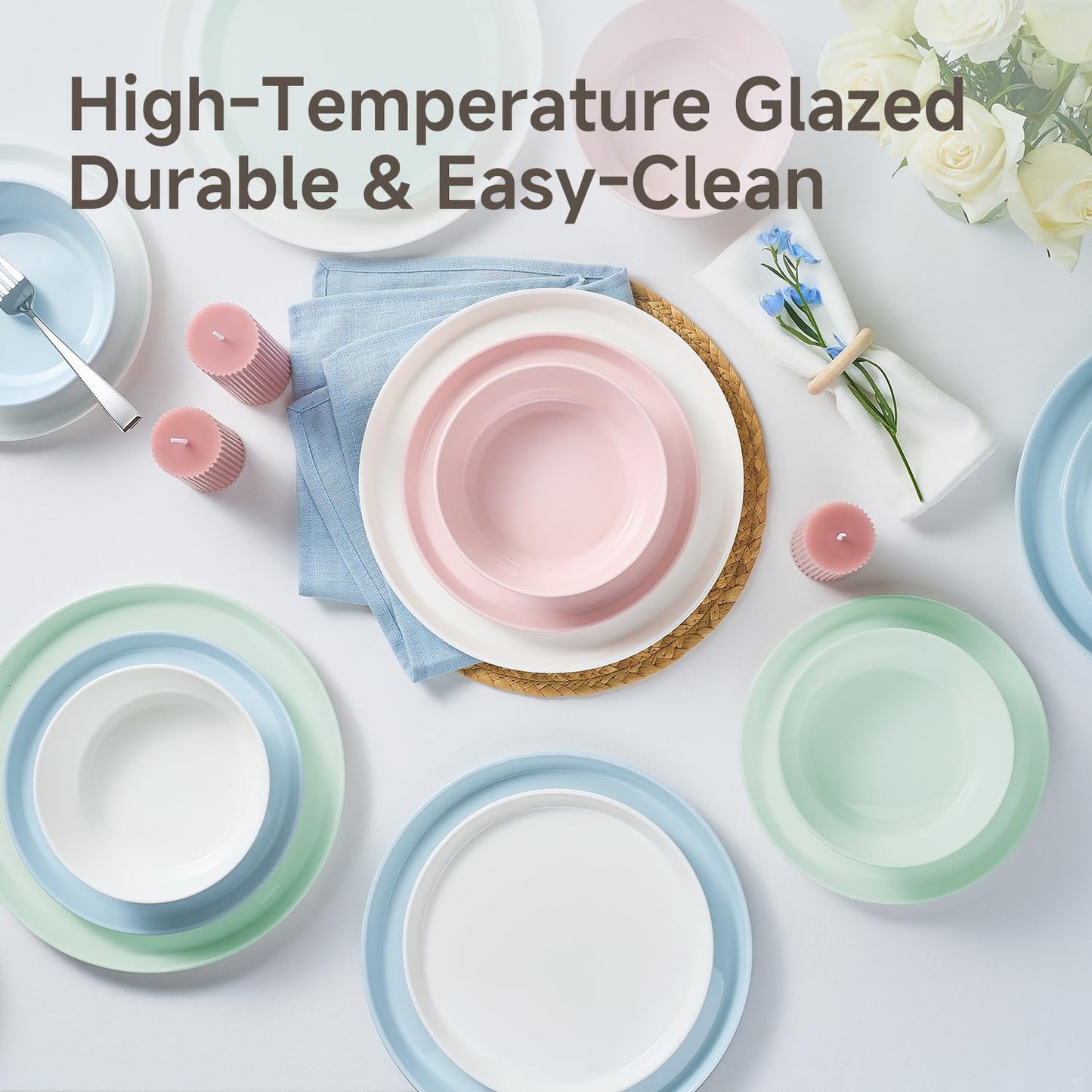 KINGSTONE Bone China Dinnerware Sets for 8, 24-Piece Lightweight Porcelain plates and bowls sets, Scratch Resistant Dish Set, Modern Kitchen Dinner Set, Microwave & Dishwasher Safe, Mint Green