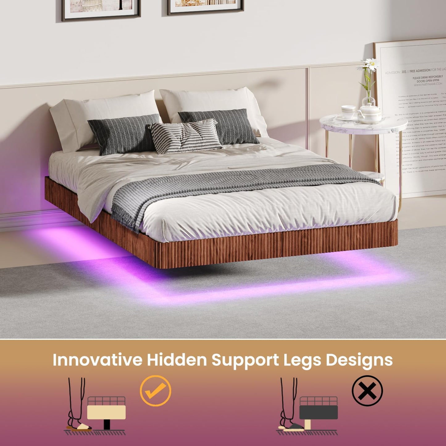 KEIKI Queen Size Floating Bed Frame with LED Lights, Wave Curve Wood Texture and Heavy Duty Metal Slats – Modern Queen Floating Bed Frame with Headboard – Walnut