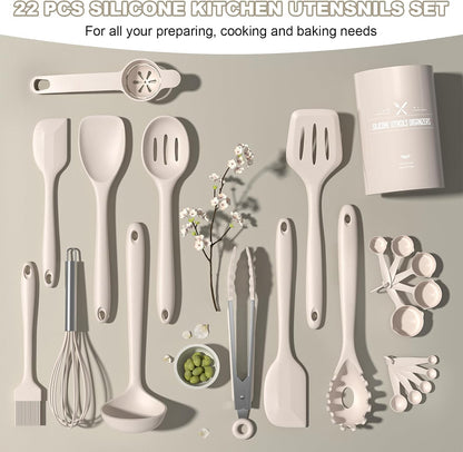 Silicone Kitchen Cooking Utensils Set - Umite Chef 22Pcs Heat Resistant Tools for Nonstick Cookware (Khaki).