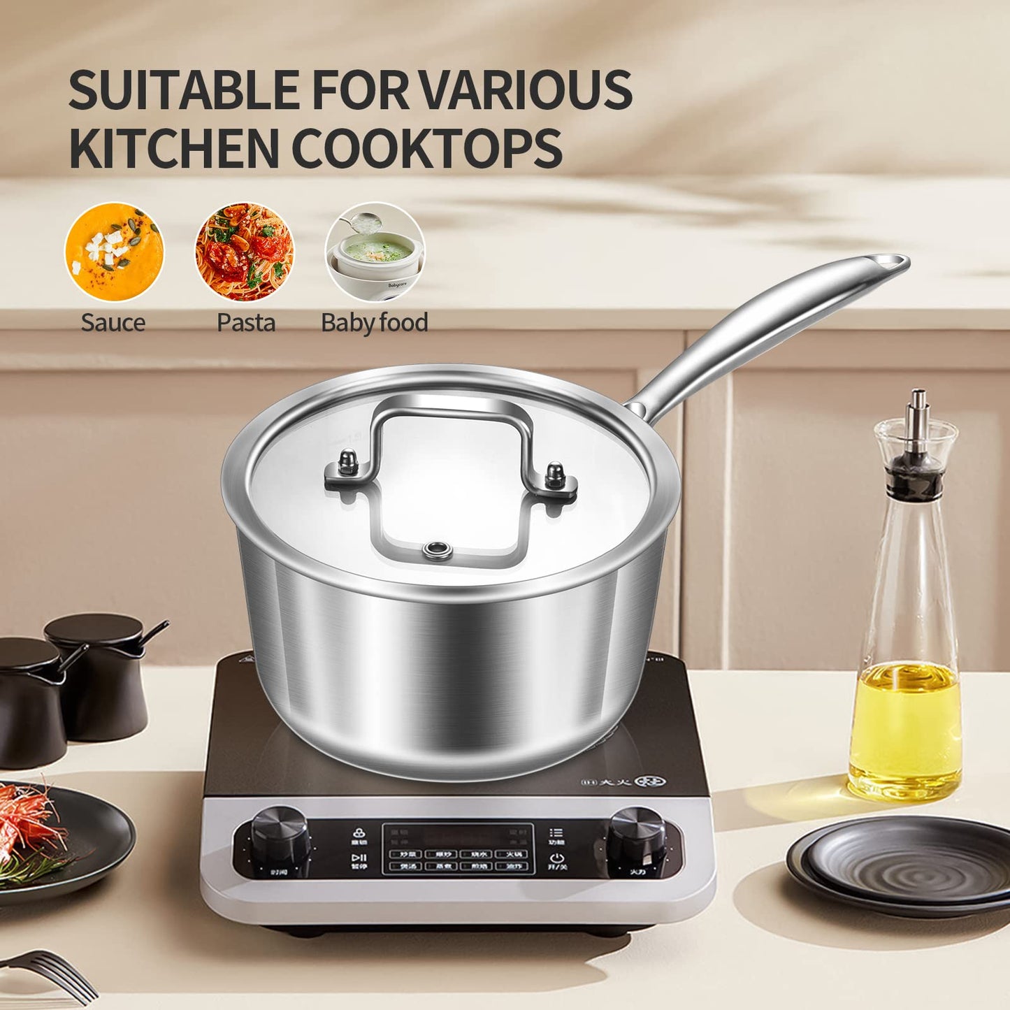 LOLYKITCH Tri-Ply Stainless Steel Saucepan Set with Glass Lids, 1QT & 3QT Cooking Pots, Uncoated Heavy Bottom Metal Sauce Pans for Induction Cooktop, Ergonomic Handle