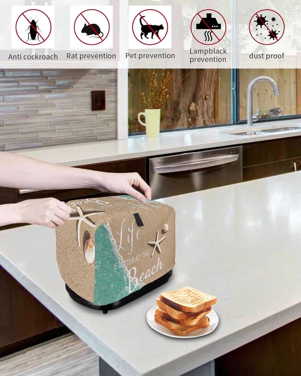 Toaster Cover, Life is Better at The Beach 2 Slice, Ocean Nautical Coastal Starfish with Loop, Polyester Dust Cover