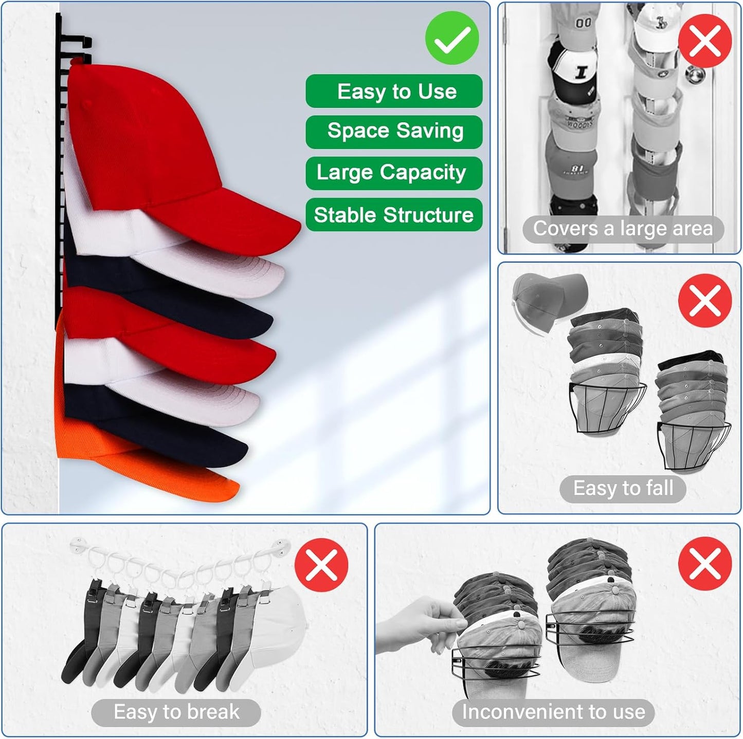 Hat Racks for Wall, 2pcs Cap Organizer Holds Up To 32 Caps, Sticky or Drilling Use, Hat Storage for Closet, Office