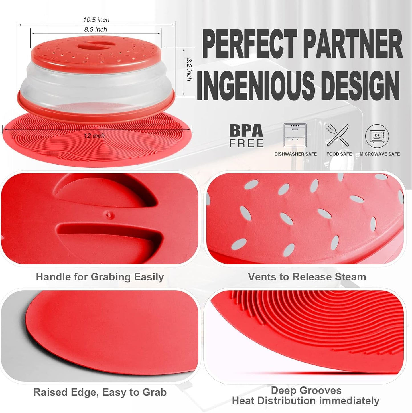 2 in 1 Aidacom Microwave Mat & Food Cover - 12" Mat as Bowl Holder, Silicone Trivet, Pot Holders, Drying, Baking, Red