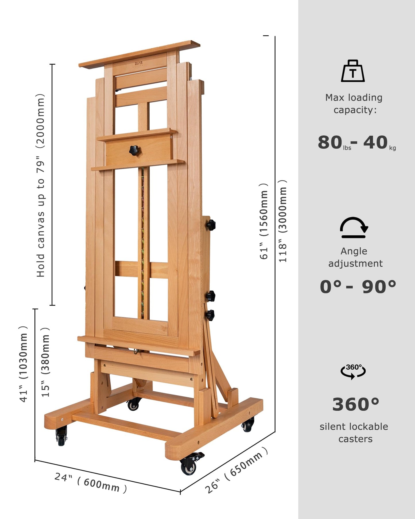 DJAR Extra Large H-Frame Art Easel, Movable Tilts Flat Painting Stand for Artist, Adjustable Solid Beechwood Heavy Duty Floor Easel for Painting, Hold 1 or 2 Canvas up to 79" Natural