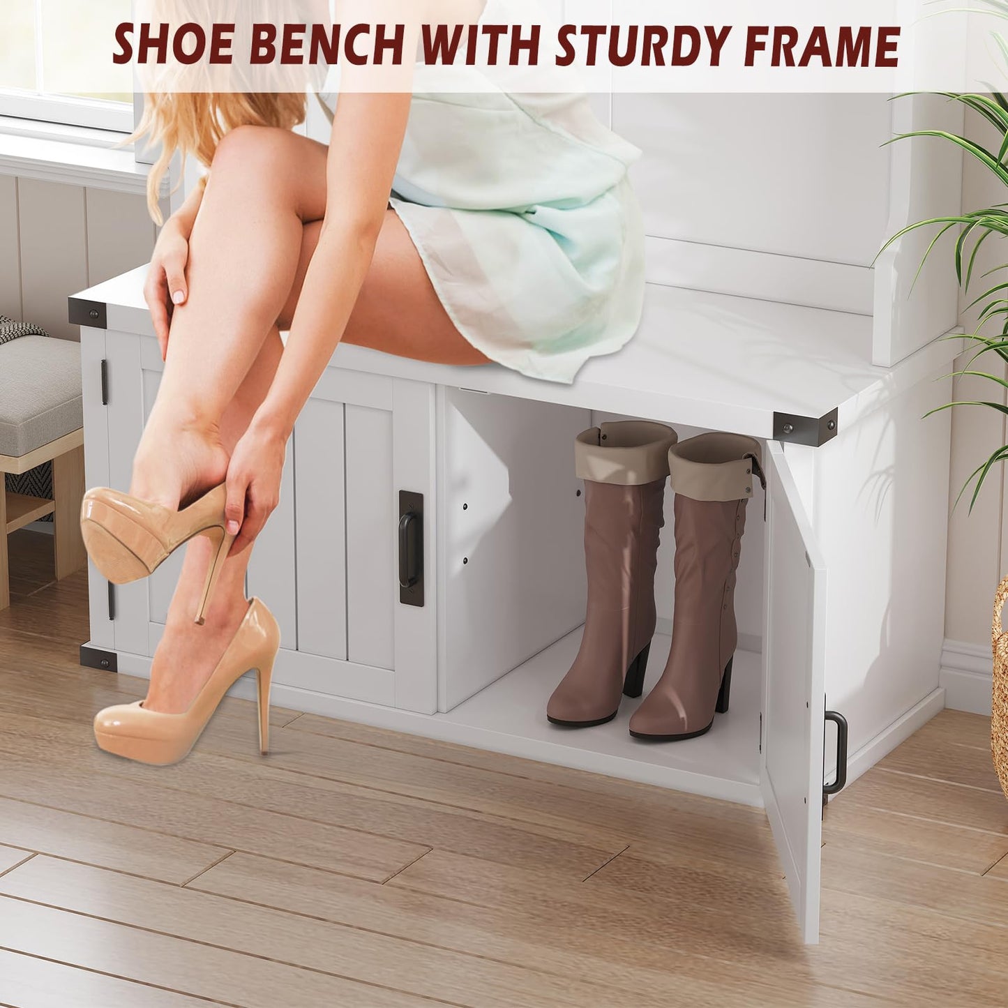 IDEALHOUSE 76" Hall Tree with Bench and Shoe Storage, Farmhouse 4-in-1 Entryway with Coat Rack & 5 Tri-Hooks, Adjustable Shelf, White Mudroom Bench with Storage Seating, Space Saving, White