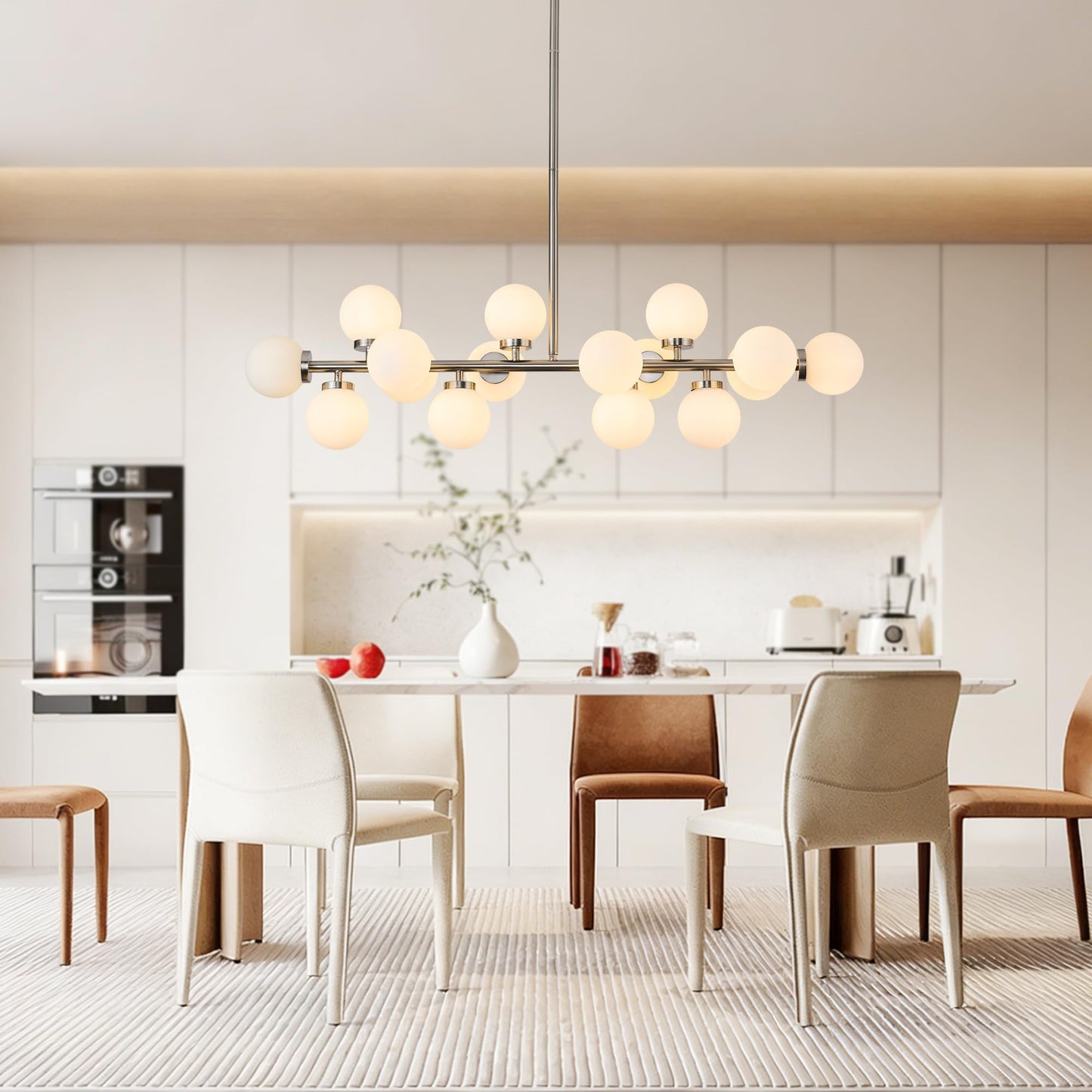 Linear Chandeliers Modern Brushed Nickel Chandeliers for Dining Room 16-Lights and White Glass Pendant Lighting Mid Century Globe Dining Light Fixture for Living Room Kitchen