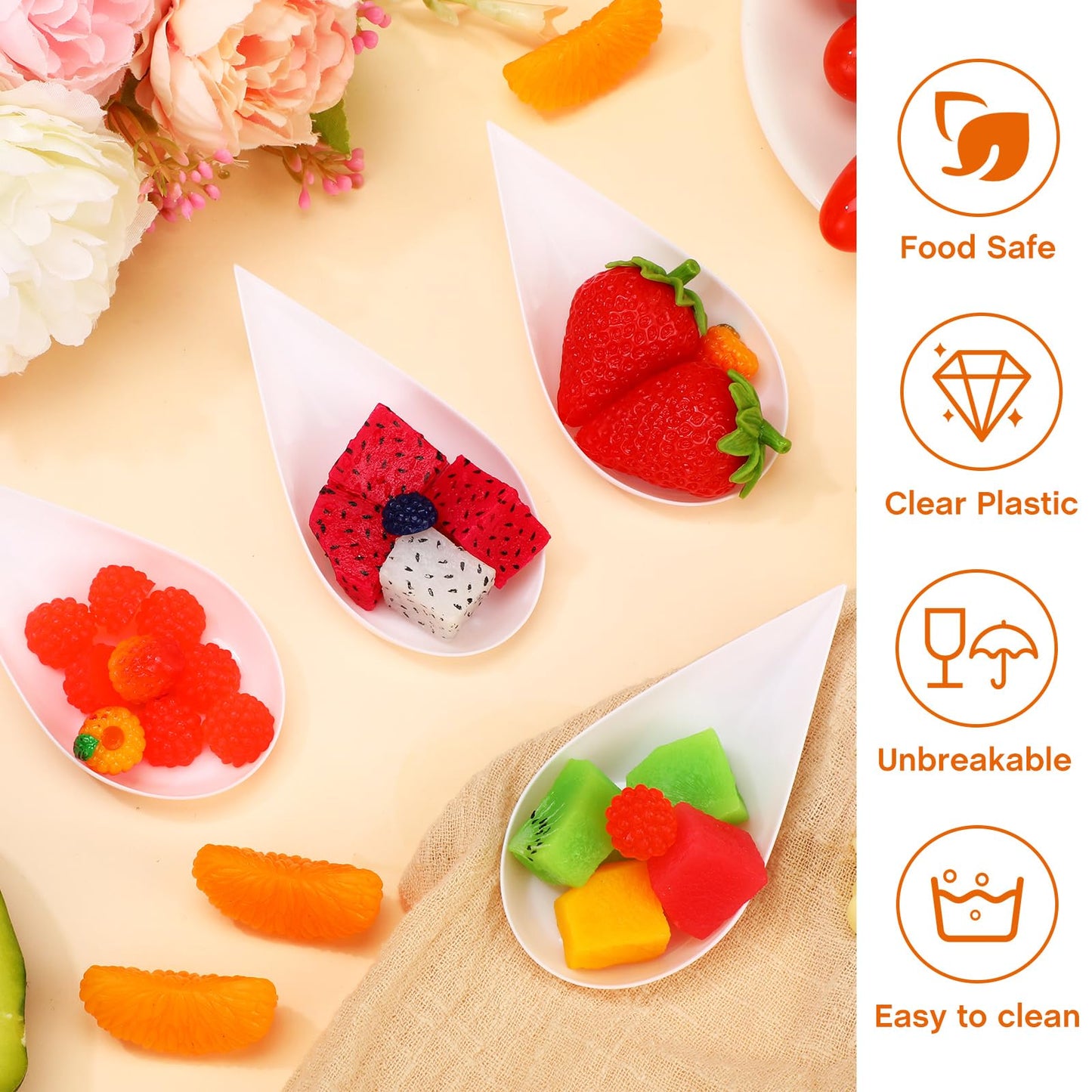 Foaincore 500 Pcs 4 Inch Appetizer Spoons Tear Drop Mini Appetizer Plates Plastic Catering Supplies Disposable Tasting Spoons Asian for Desserts Sauces Sushi Ice Cream Sample Serving Party (White)