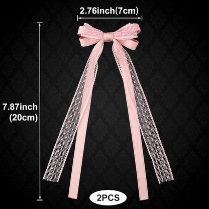 Skiennix Pink Lace Hair Bows - Cute Coquette Bow Clips with Long Tail Ribbons for Women | Perfect for Weddings & Events