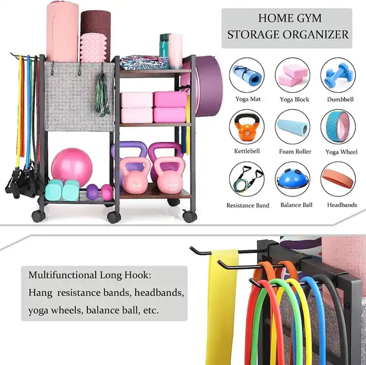 KOMFGT Yoga Mat Holder Storage Rack, Yoga Mat Storage Racks for Dumbbells Kettlebells Foam Roller, with Hooks and Wheels,Black (White)
