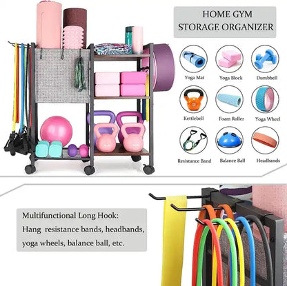 KOMFGT Yoga Mat Holder Storage Rack, Yoga Mat Storage Racks for Dumbbells Kettlebells Foam Roller, with Hooks and Wheels,Black (White)