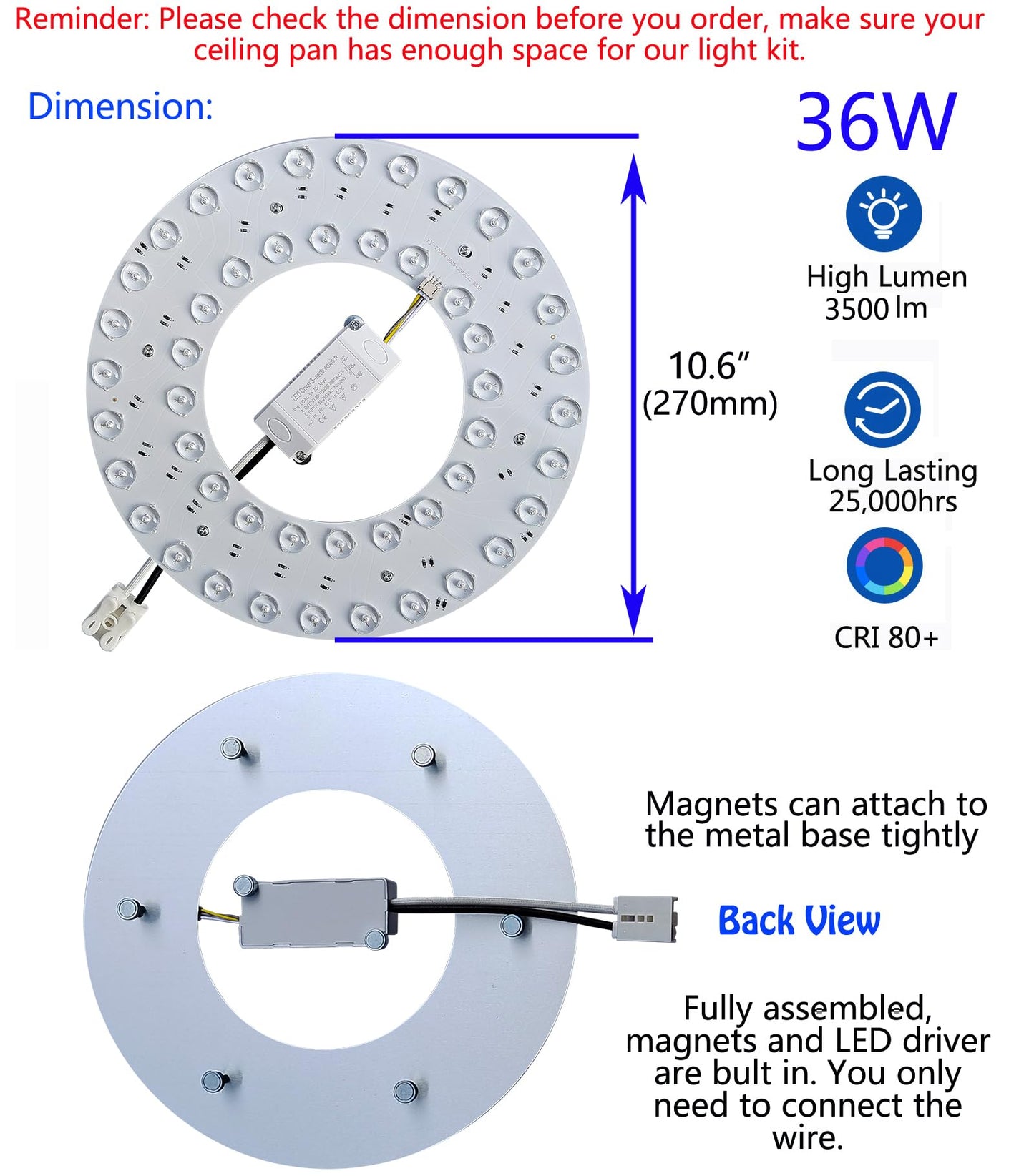 OLYMSTAR 36W 3 Color Temperature LED Flush Mount Ceiling Fan Light Kit Replacement LED Light Board Panel,Retrofit LED Light Engine