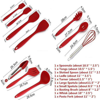 Kitchen Utensils Set, 10+1 Piece Silicone Heat-Resistant Non-Stick Cooking Tools in Red