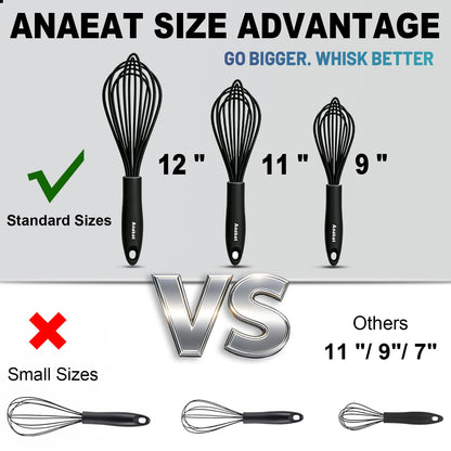 Anaeat Silicone Balloon Whisk, Perfect for Non-Stick Cookware, Milk and Egg Beater Blender, Heat Resistant Kitchen Whisks for Whisking, Cooking, Baking, Beating, Frothing & Stirring (Black)
