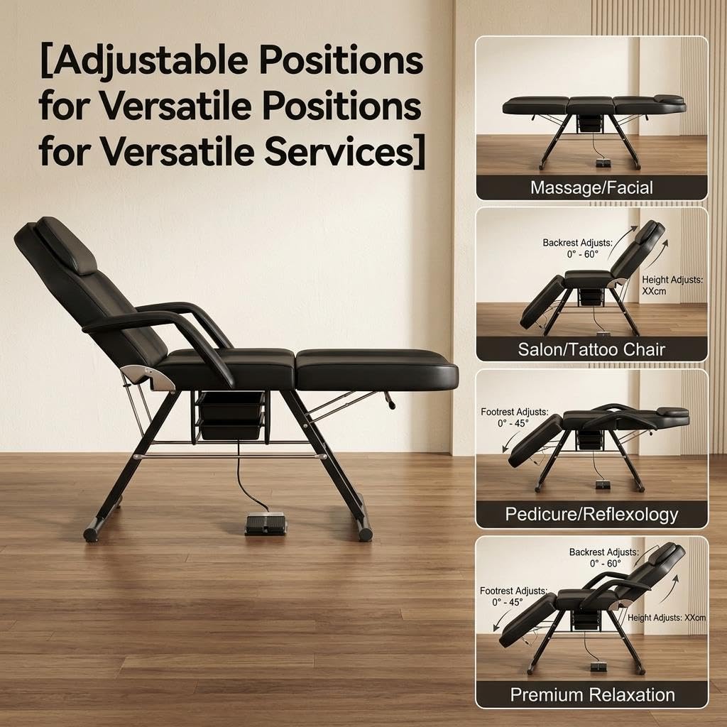 Sturdy Multipurpose Spa Bed, 3-Section Spa Massage Table for Tattoo & Beauty Use, Adjustable Massage Table & Facial Chair with Hydraulic Rotating Stool