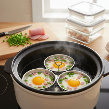 GOVNPJ Egg Poacher, 304 Stainless Steel Poached Egg Cups with Oil Brush, without Coating Egg Boiler Cup for Stovetop (Round)