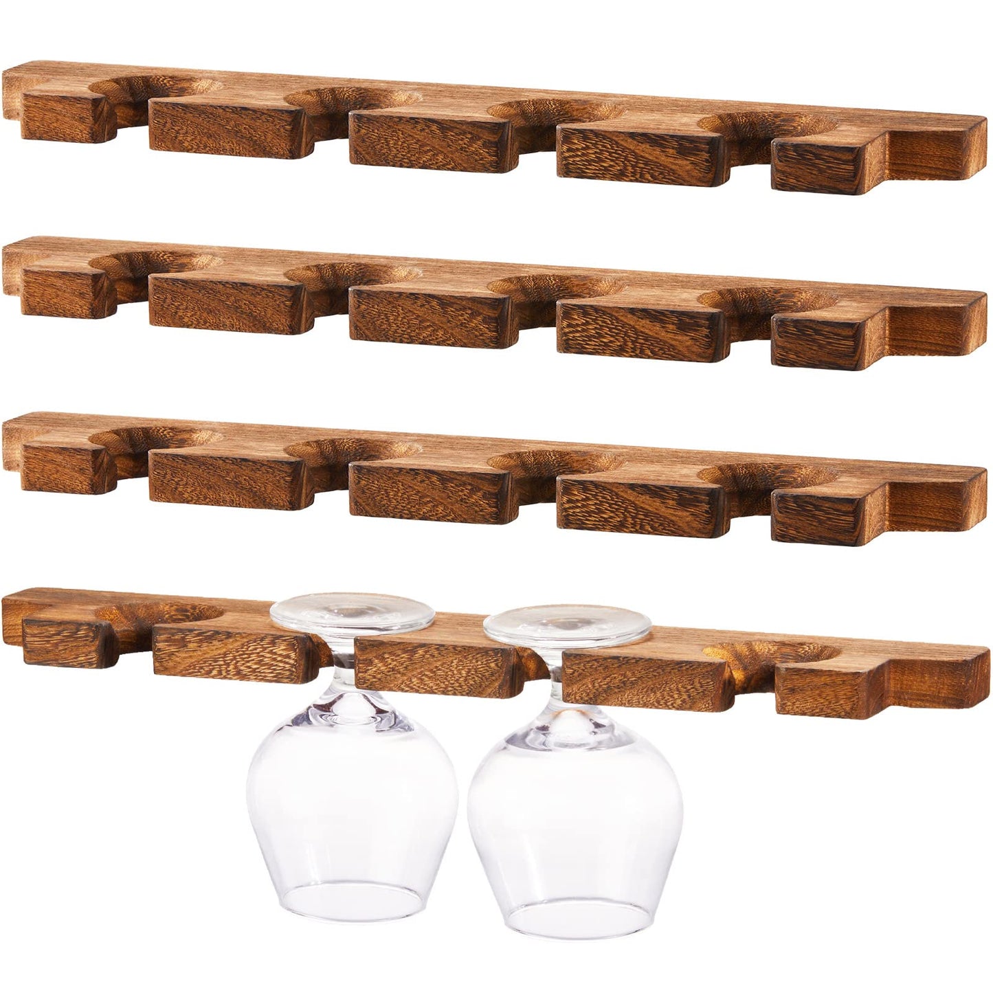 Ripeng 4 Pcs Wall Mounted Wood Stemware Rack Champagne Holder Rustic Wine Glass Hanging Shelf Wood Floating Glassware Wall Holder for Party Kitchen Bar Organizer 17 x 3 x 0. 8 Inch (Dark Brown)