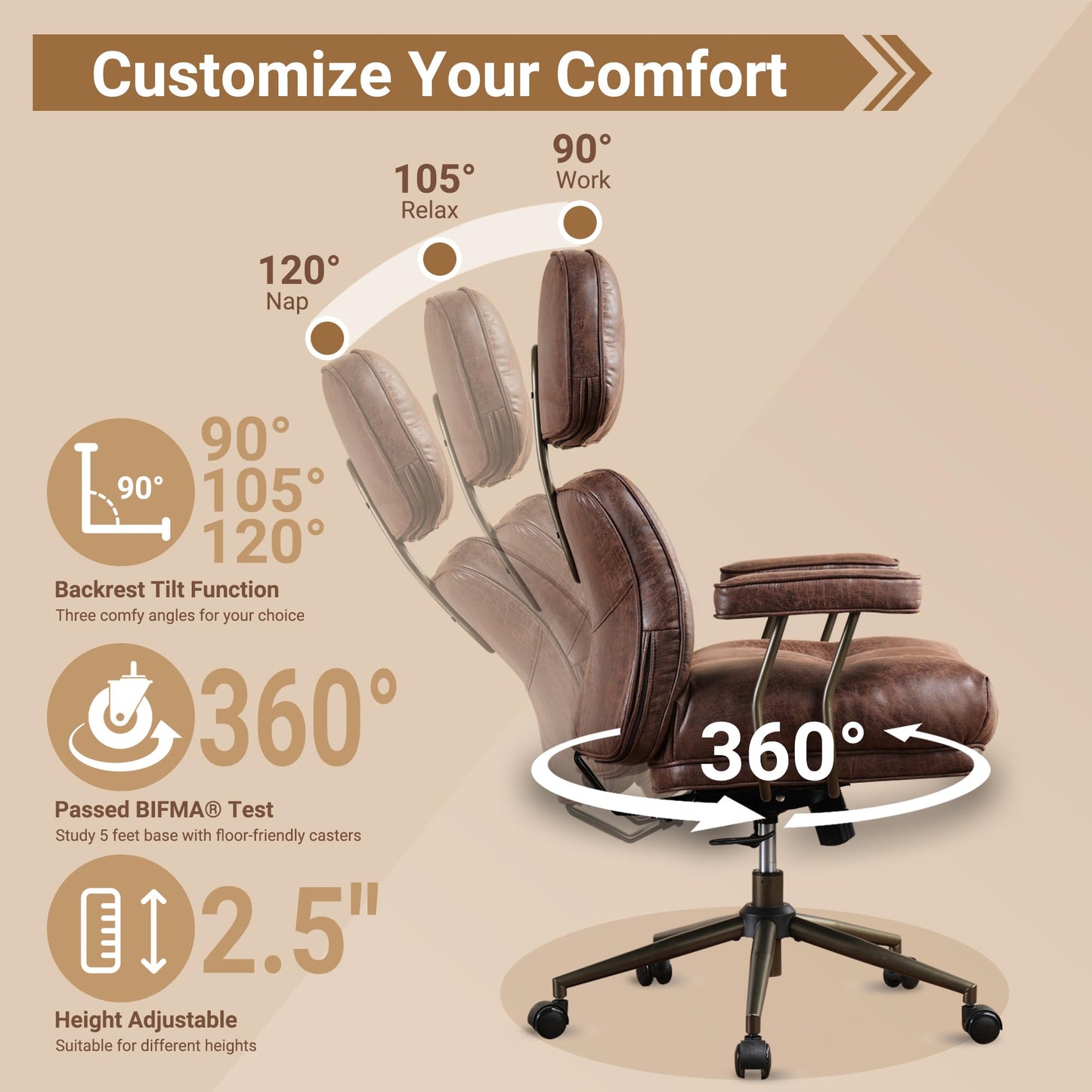 Home Office Chair,Ergonomic Computer Chair with Lumbar Support Adjustable Height,Mid-Century Modern Office Chair with Rolling Swivel Chair for Home Office Game Study(Suede Leather Chair,Dark Brown)