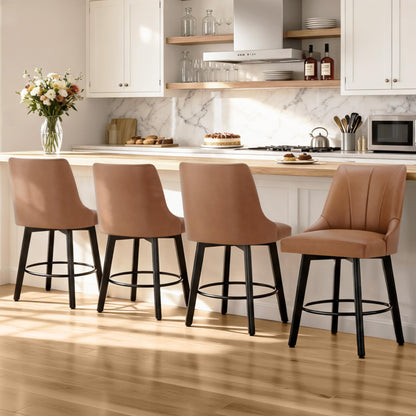 24" Counter Height Bar Stools Set of 2, Swivel Bar Stools with Backs, Faux Leather Upholstered Counter Barstools with Solid Wood Legs for Kitchen Island,Brown