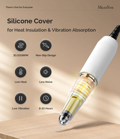 MelodySusie Professional Clip-on Nail Drill with Silicone Heat-Resistant Anti-Vibration Handle, SC300I Rechargeable 30,000RPM Cordless Nail E File Kit for Home and Salon Use