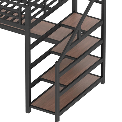 Bellemave Twin XL loft Bed with Storage Stairs, Shelves, Metal Twin XL Loft Beds with LED Lights, USB Ports, Multifunctional Iron Nets for Adults, Kids, Teens, Black