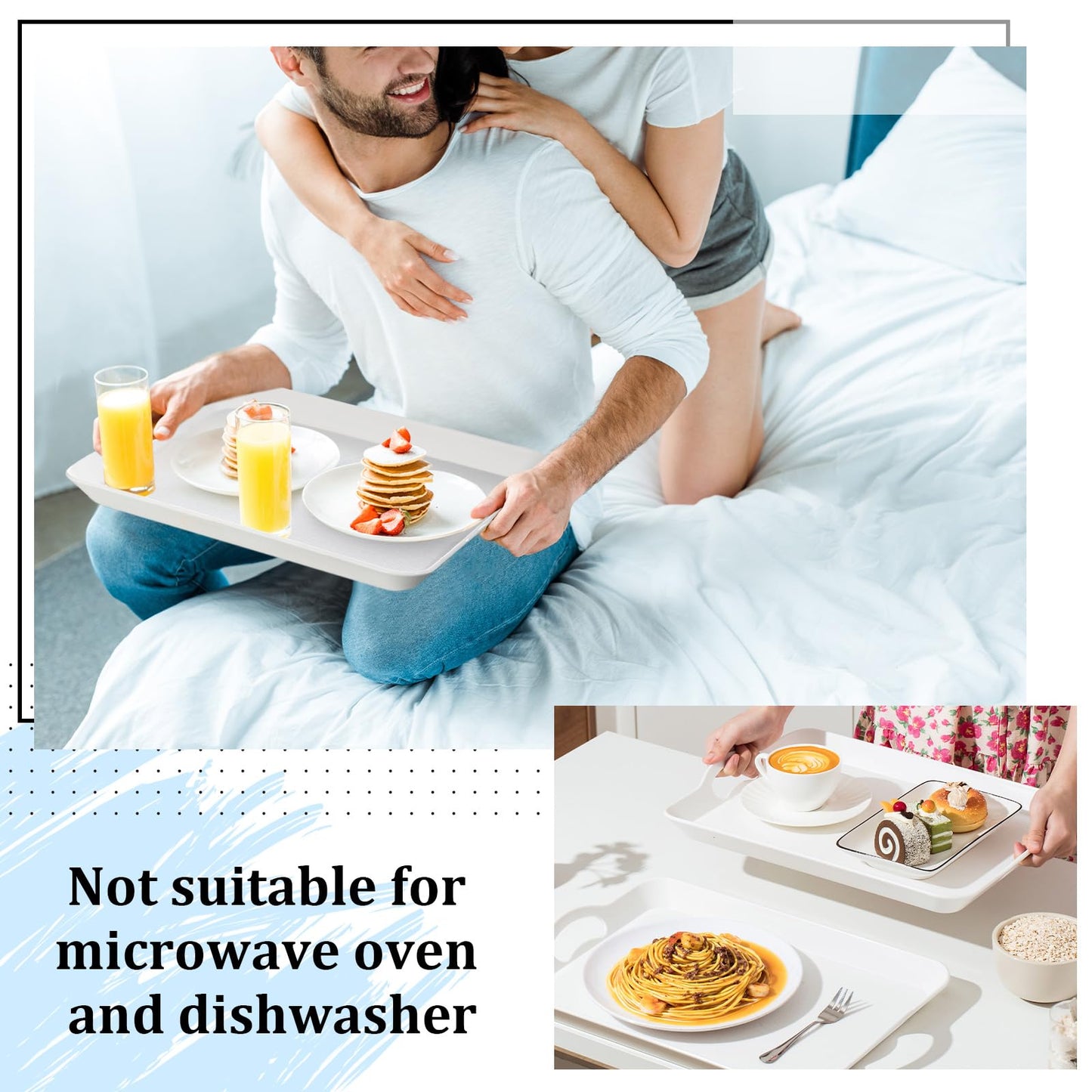 6 Pcs Serving Trays with Handles Trays for Eating 16 x 11 Inch Multi Purpose Plastic Tray Rectangular Anti Skid Decorative Food Tray for Restaurant Breakfast Countertop Party Kitchen (White)