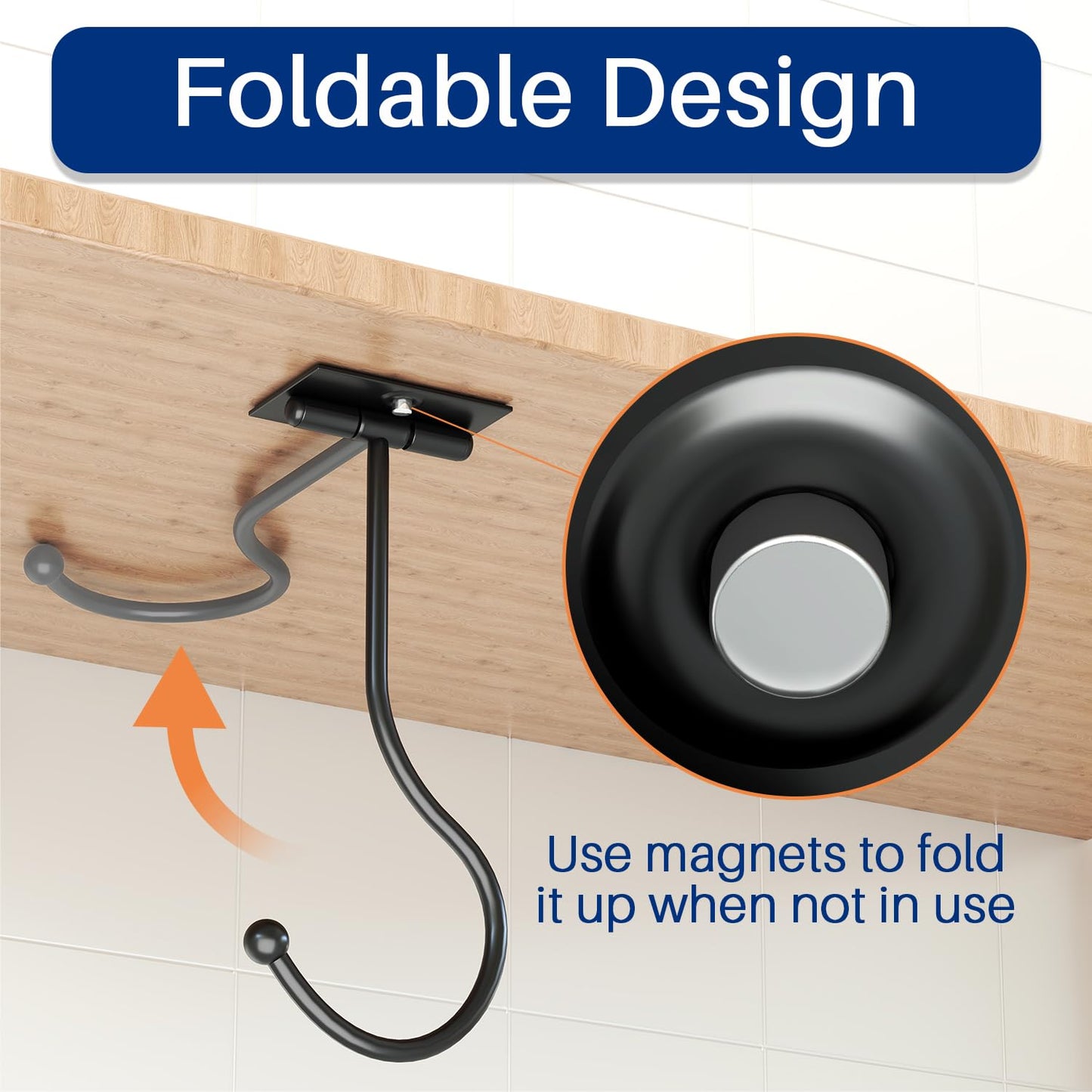 Josmimic Under Cabinet Banana Hook Foldable - Adhesive Banana Holder, Foldable with Magnets When Not in Use, Under Counter Banana Hook, Stainless, Hold 13 LB, Black
