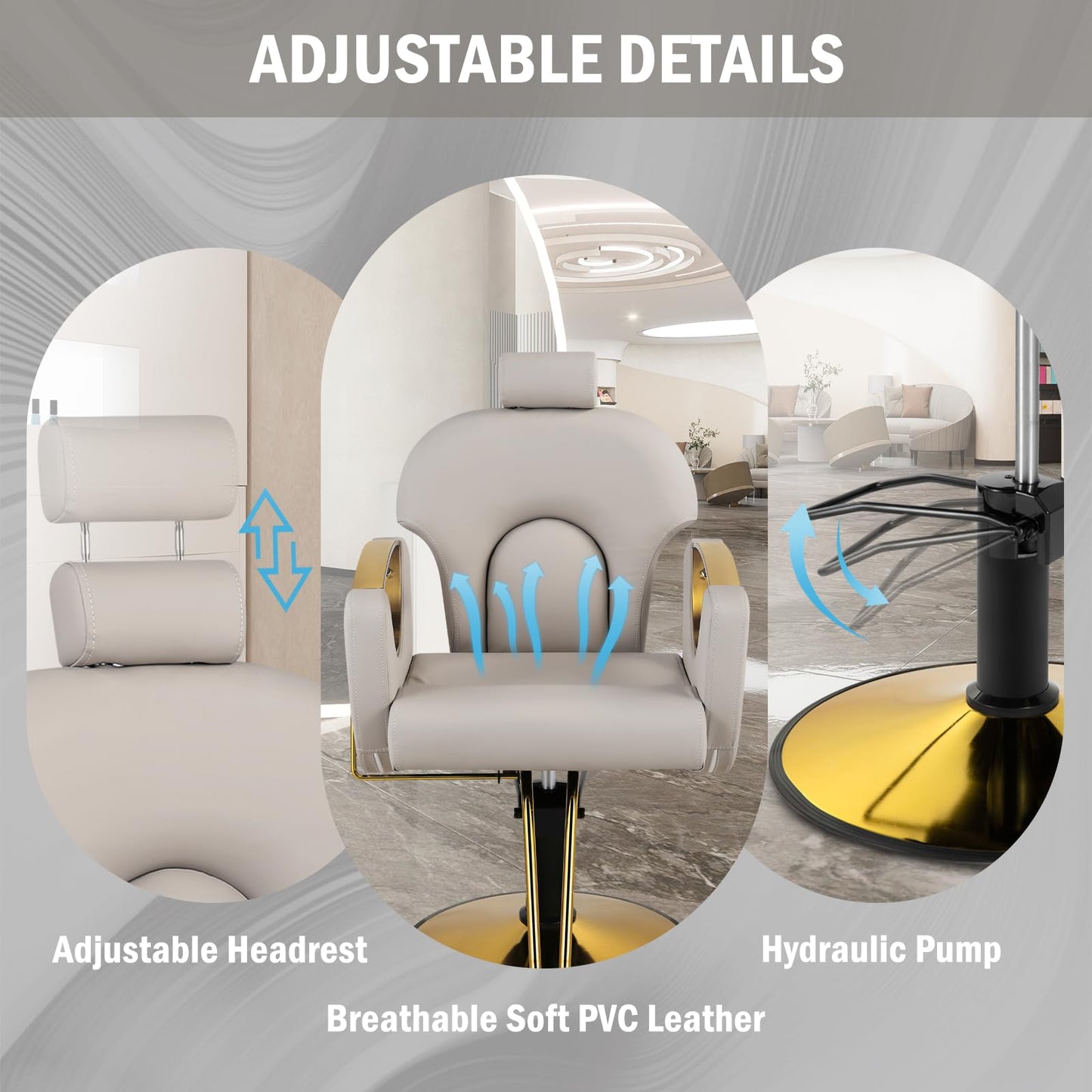 Tythical Salon Chair for Hair Stylist, Reclining Hair Barber Chair with Heavy Duty Hydraulic Pump, Up to 440 Lbs, 360 Degrees Swivel Beauty Spa Equipment for Salon Barbershop, Grey Gold